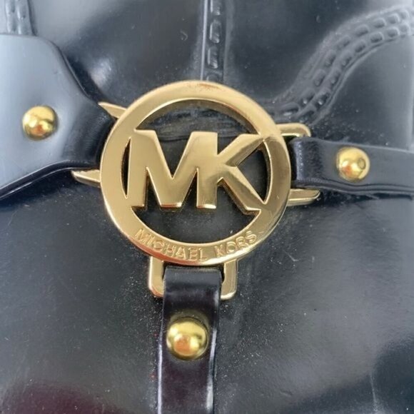 Michael Kors Fulton Harness Glossy Rubber Boots w/Gold Logo Black/Brown, Size 6 - Picture 9 of 11